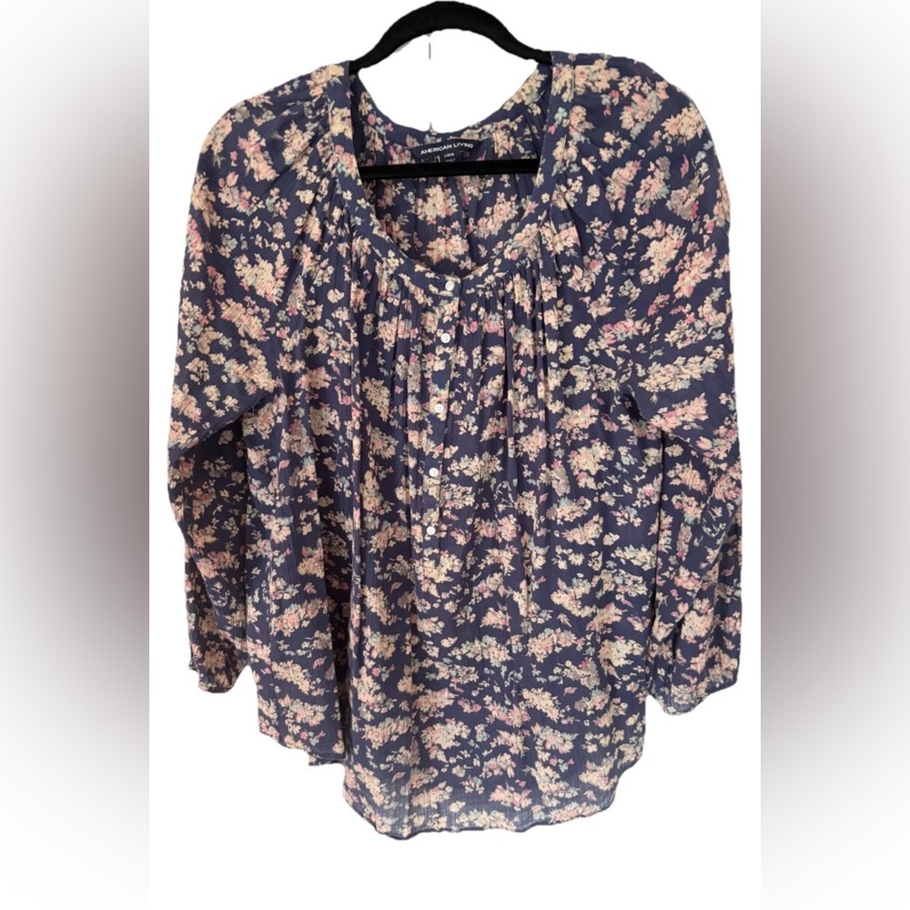 American Living Navy Floral Blouse LARGE